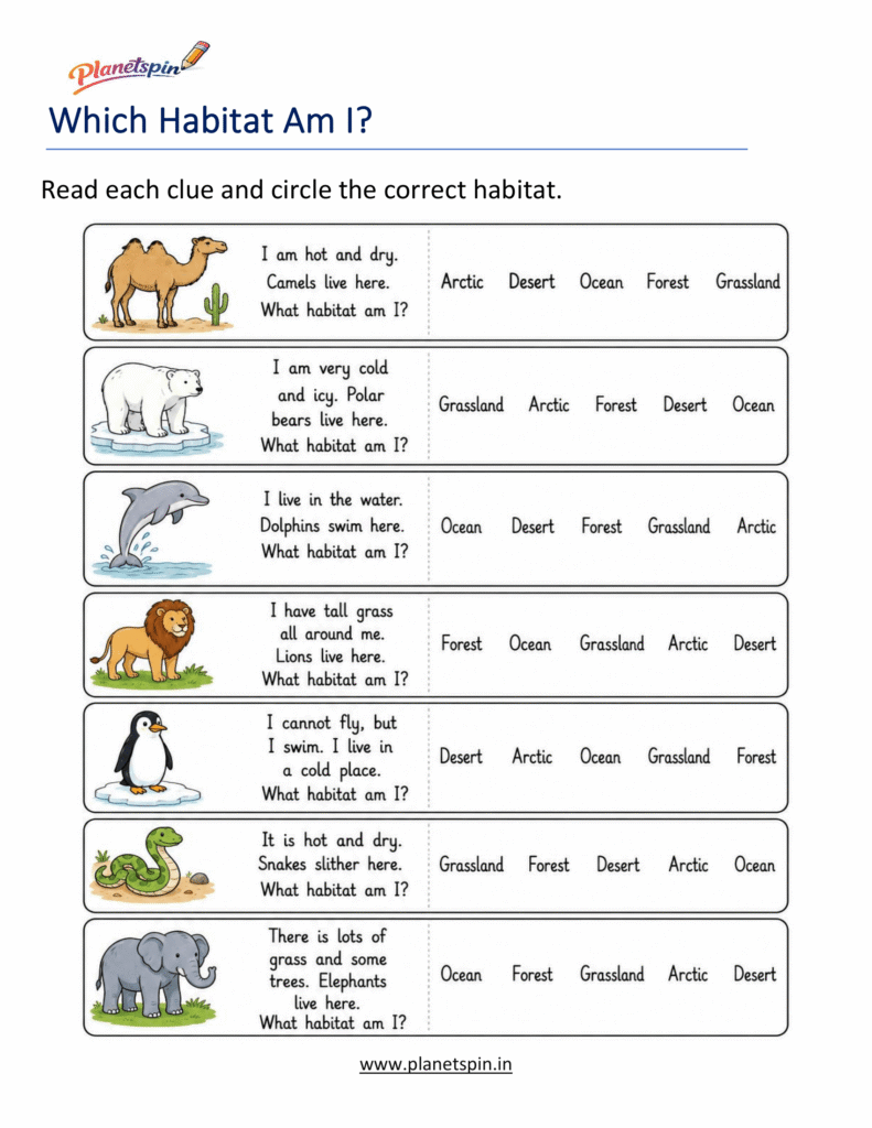 Printable animal habitats worksheet for grade 1