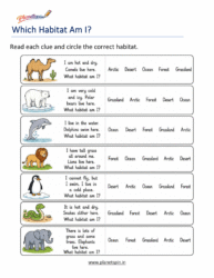 Printable animal habitats worksheet for grade 1