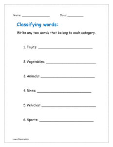 Write any two words that belong to each category.