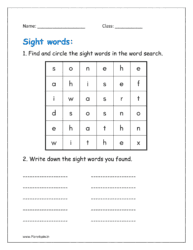 Find and circle the sight words in the word search