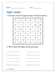 Find and circle the sight words in the word search