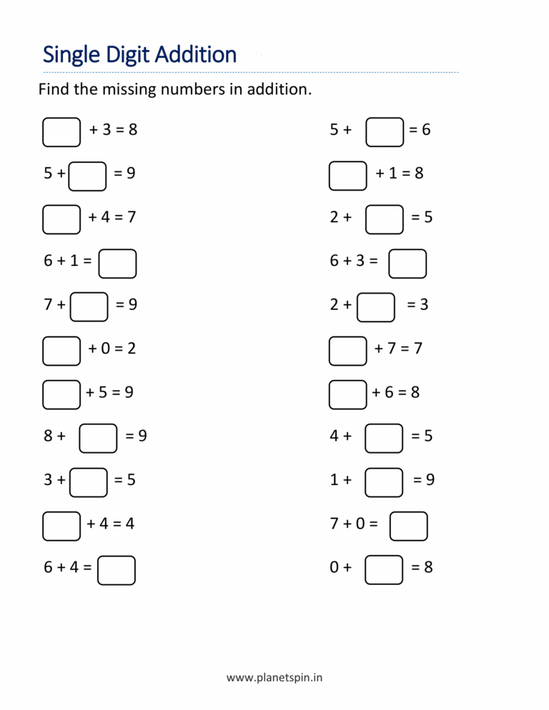 Single digit addition worksheets free | Planetspin.in