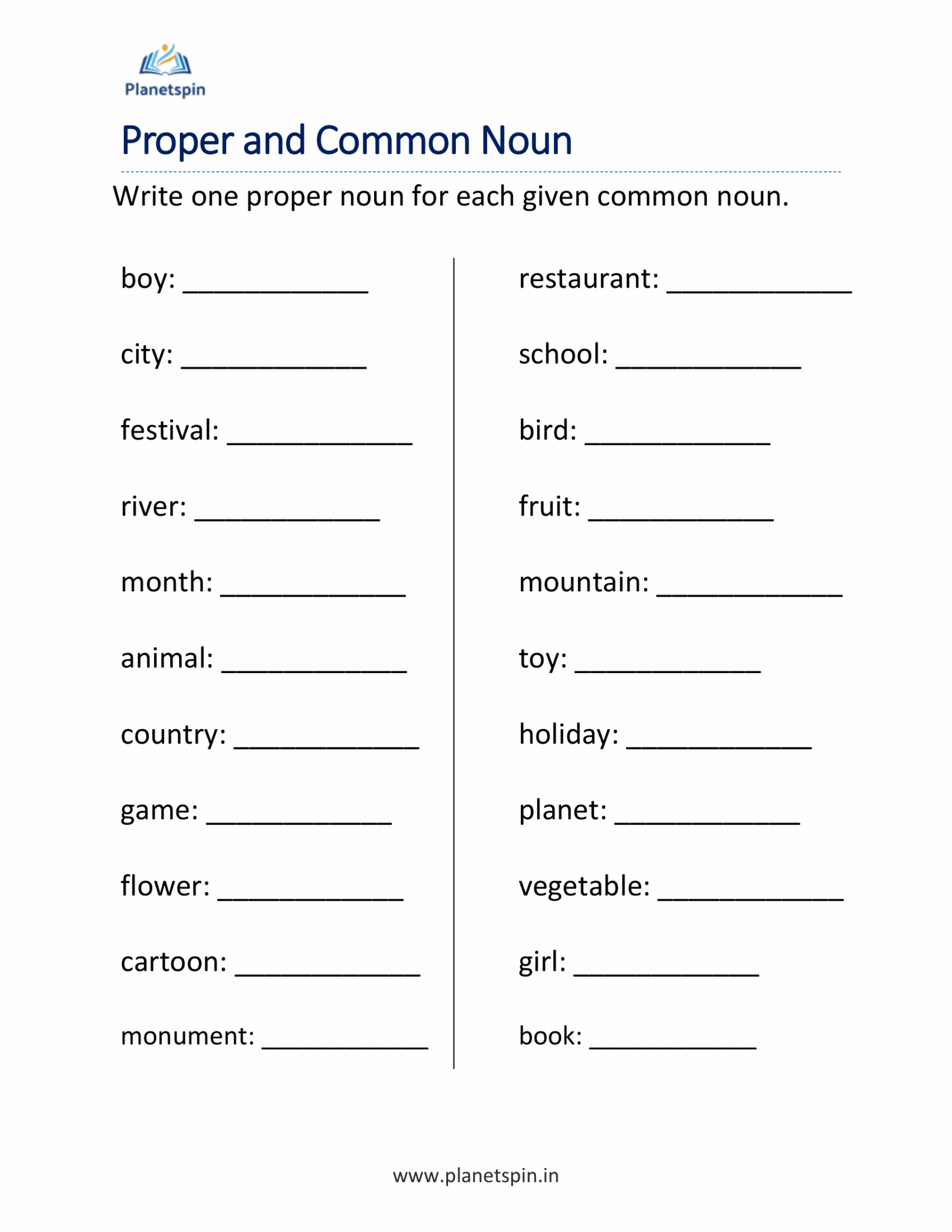 Worksheets for common and proper nouns for grade 1
