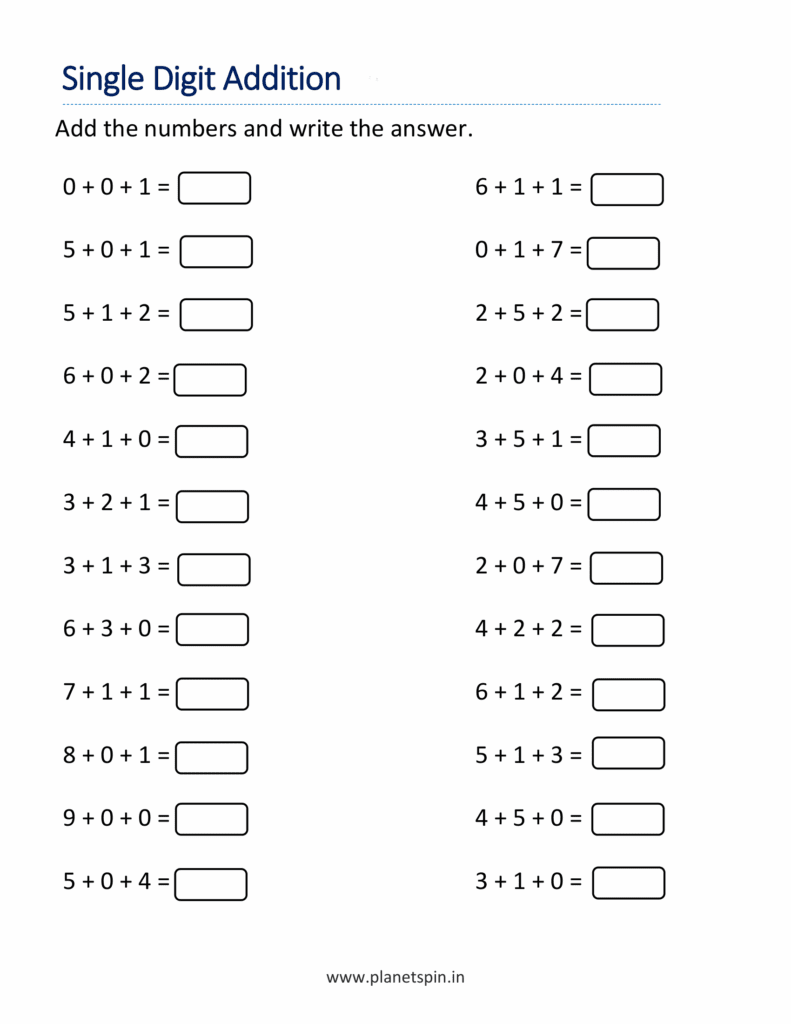 Single digit addition worksheets free | Planetspin.in