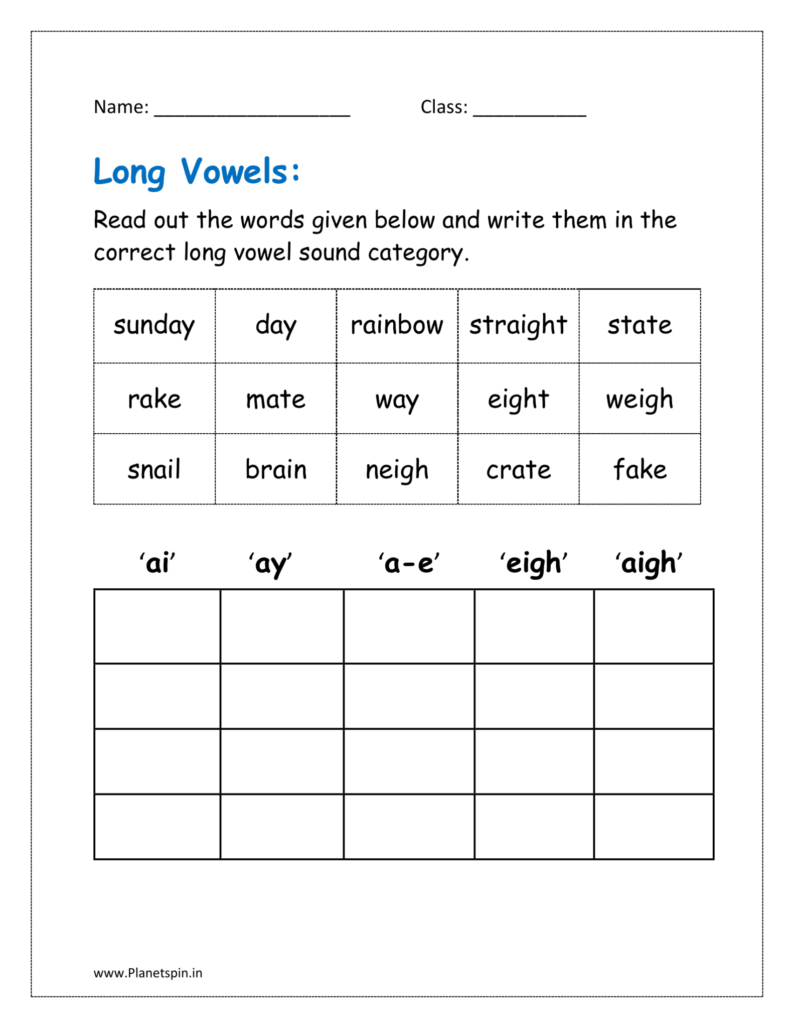 long vowel sound worksheets free for kindergarten | Planetspin.in