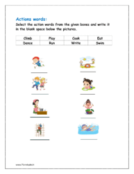 Select the action words from the given boxes and write it in the blank space below the pictures.