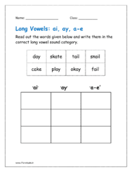 ai, ay, a-e long vowel sounds free worksheet
