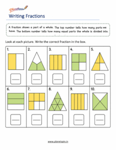 Printable writing fractions worksheet for first grade