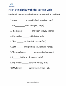 Read each sentence and identify and write the correct verbs in blanks in the worksheet
