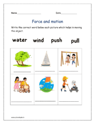 Write the correct word below each force and motion worksheet which helps in moving the object.