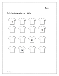 Write the missing numbers on t-shirts (11 to 26)