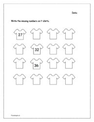 Write the missing numbers on t-shirts (27 to 42)