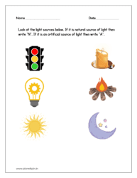 Look at the light sources below. If it is natural source of light then write “N”. If it is an artificial source of light then write “A”.