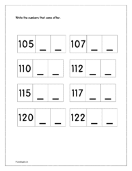 105 to 124: Write the missing numbers in sequence from 105 to 124