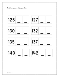 125 to 144: Write the missing numbers in sequence from 125 to 144