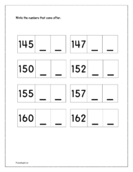 145 to 164: Write the missing numbers in sequence from 145 to 164 (counting forward worksheets)
