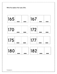 165 to 184: Write the missing numbers in sequence from 165 to 184