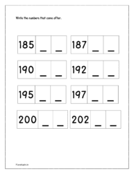 185 to 204: Write the missing numbers in sequence from 185 to 204