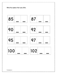 85 to 104: Write the missing numbers in sequence from 85 to 104 (counting forward worksheets)
